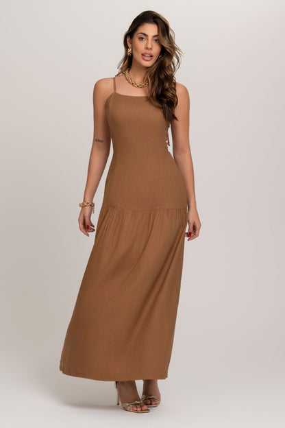 Vestido Longo Pietra De Linho Marrom Frysaide