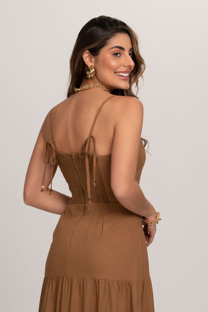 Vestido Longo Pietra De Linho Marrom Frysaide