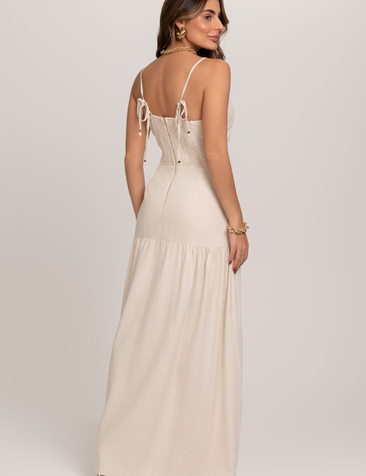 Vestido Longo Pietra De Linho Off White Frysaide