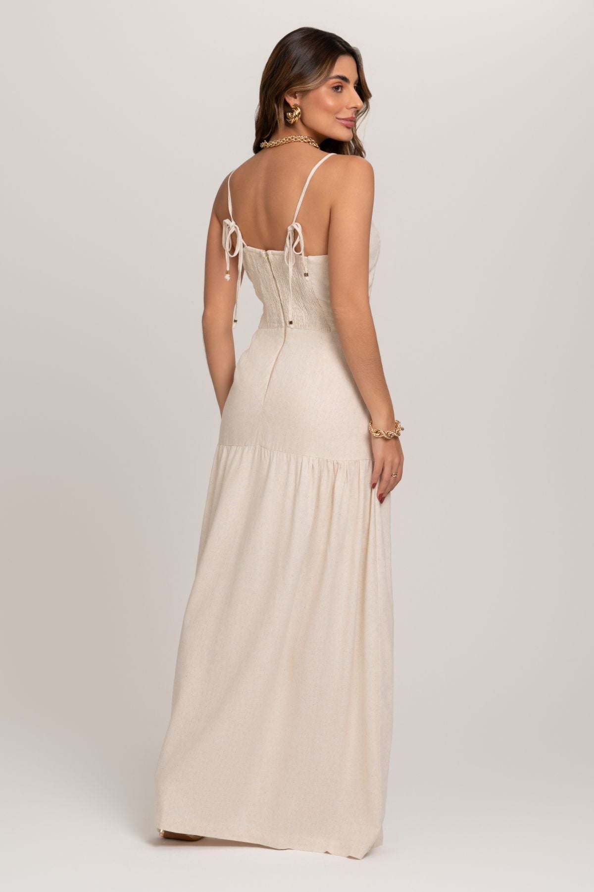 Vestido Longo Pietra De Linho Off White Frysaide