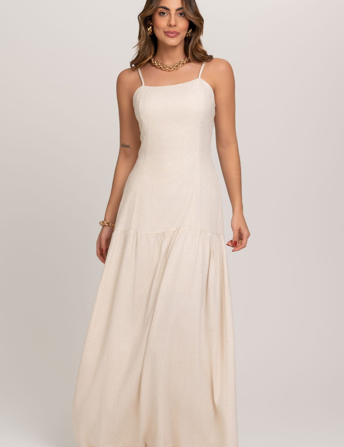 Vestido Longo Pietra De Linho Off White Frysaide
