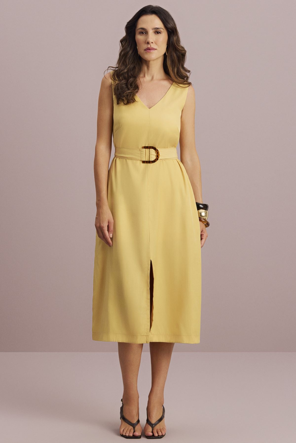 Vestido Meia Loka Amarelo Midi Cinto Fivela