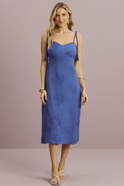 Vestido Meia Loka Azul Midi Bordado Floral Barbicacho