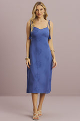 Vestido Meia Loka Azul Midi Bordado Floral Barbicacho