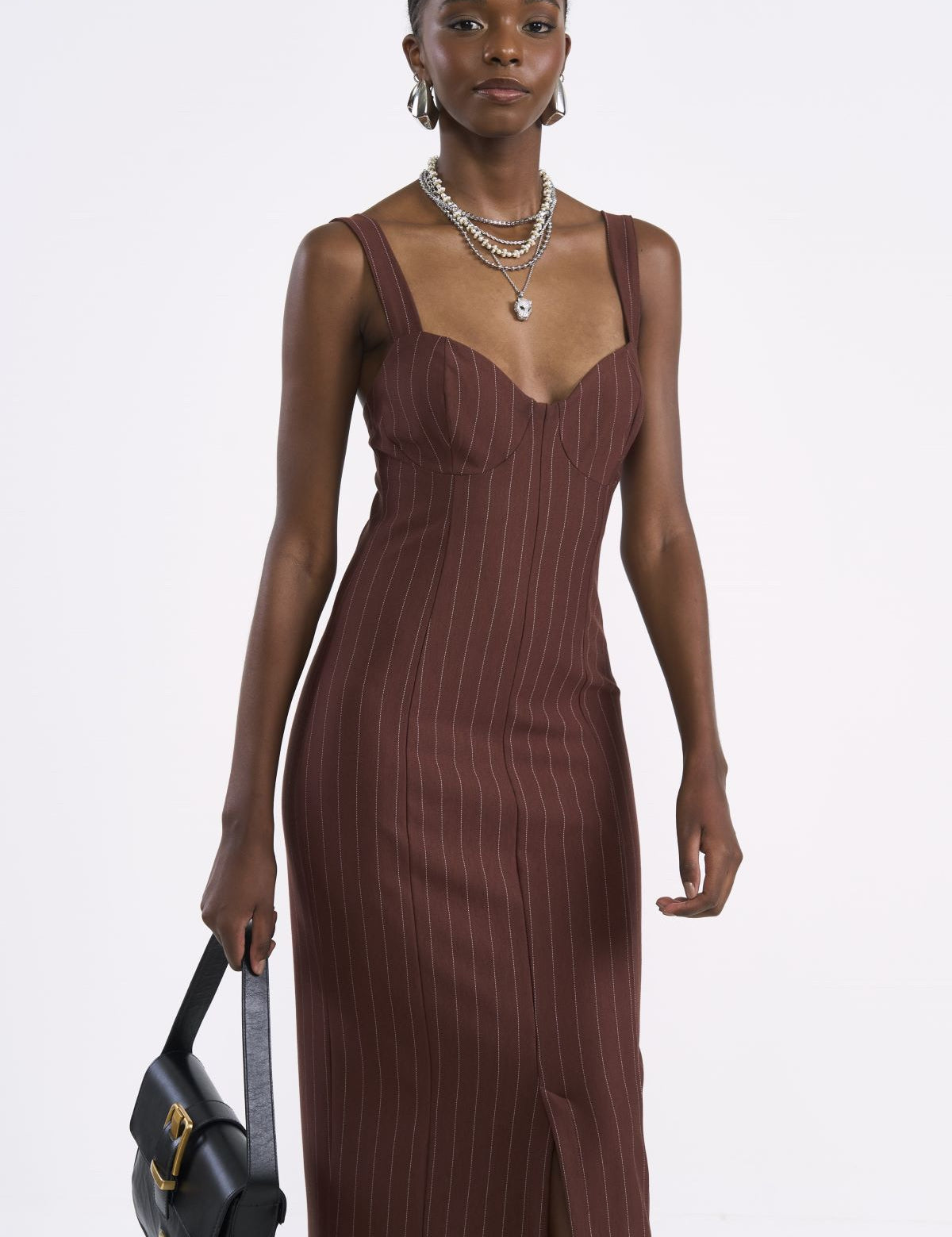Vestido Midi Colcci Marrom Listrado Com Fenda