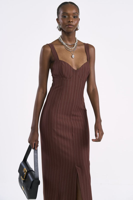 Vestido Midi Colcci Marrom Listrado Com Fenda