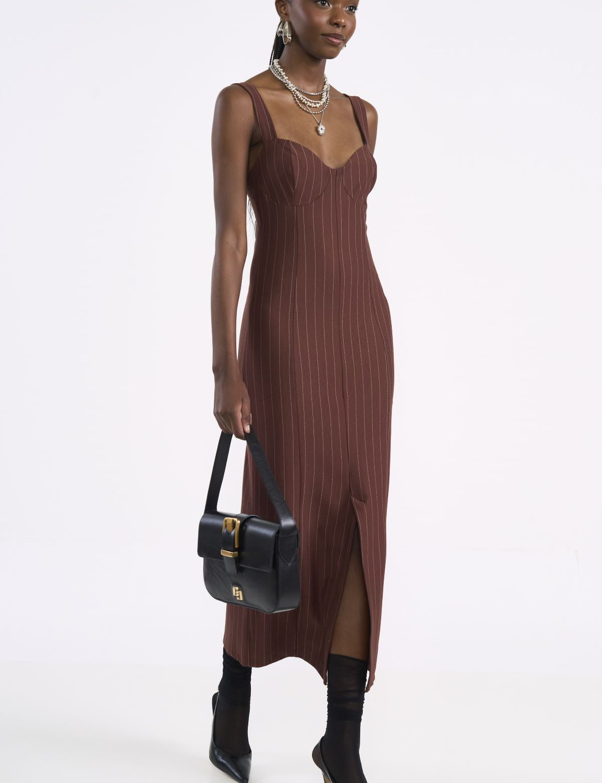 Vestido Midi Colcci Marrom Listrado Com Fenda