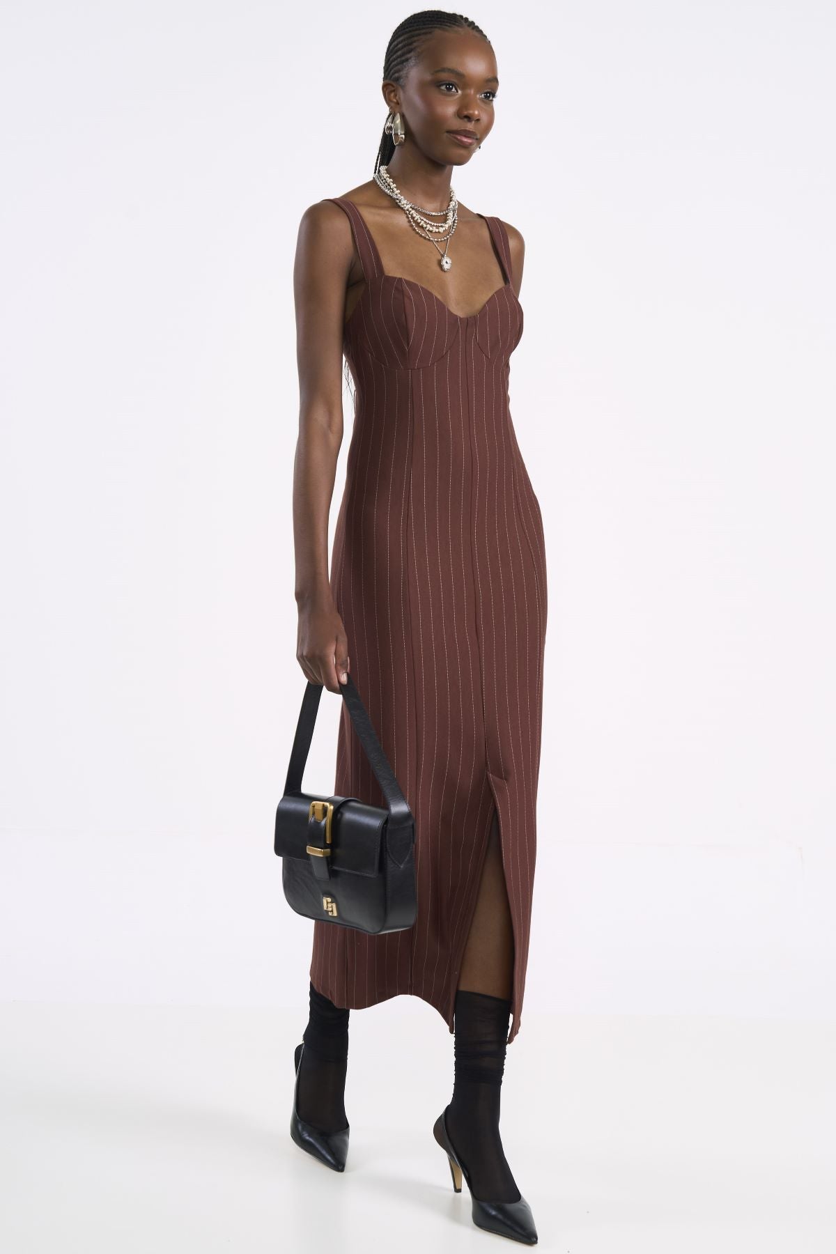 Vestido Midi Colcci Marrom Listrado Com Fenda