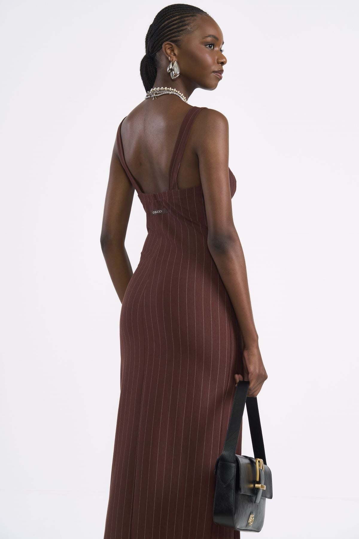 Vestido Midi Colcci Marrom Listrado Com Fenda