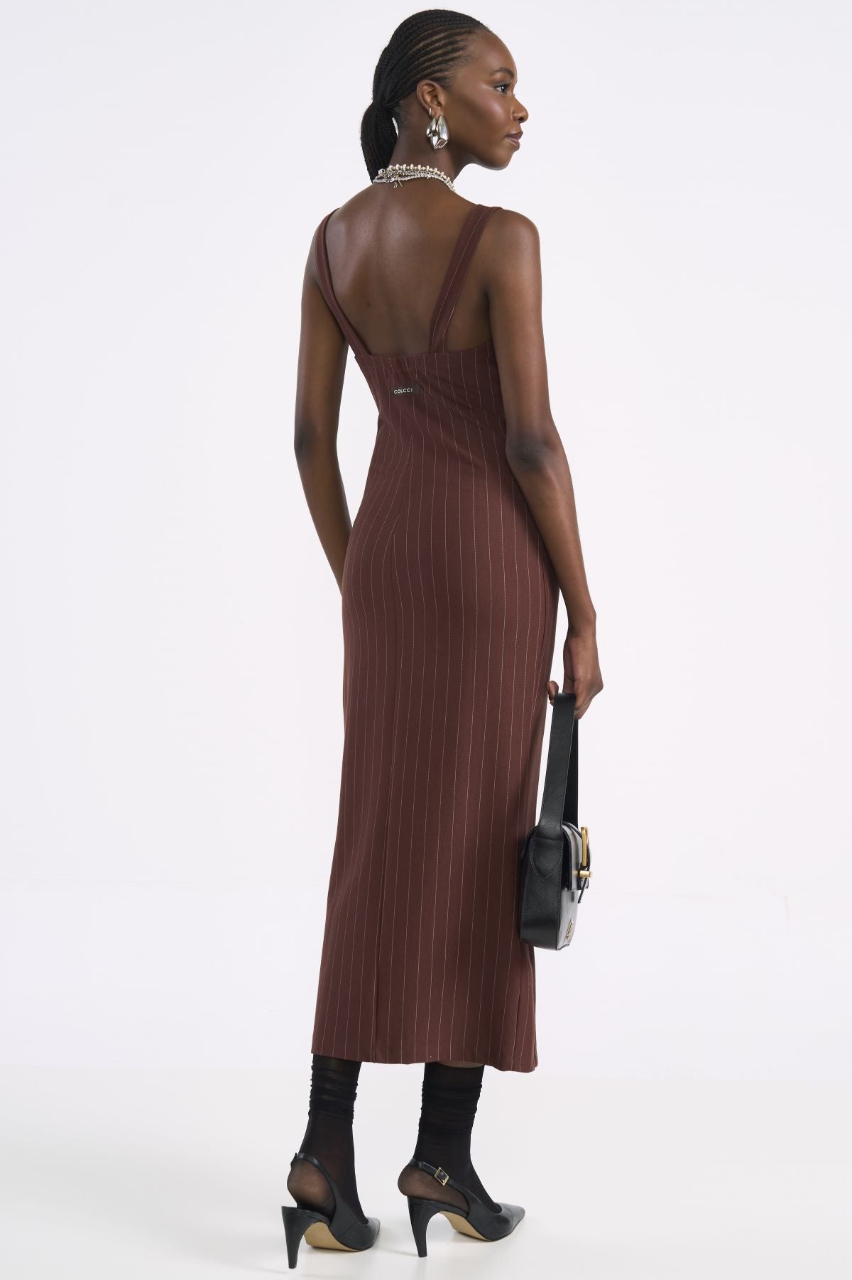 Vestido Midi Colcci Marrom Listrado Com Fenda
