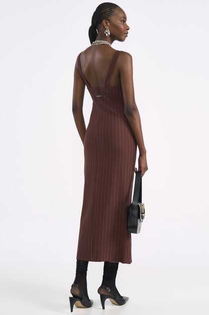 Vestido Midi Colcci Marrom Listrado Com Fenda