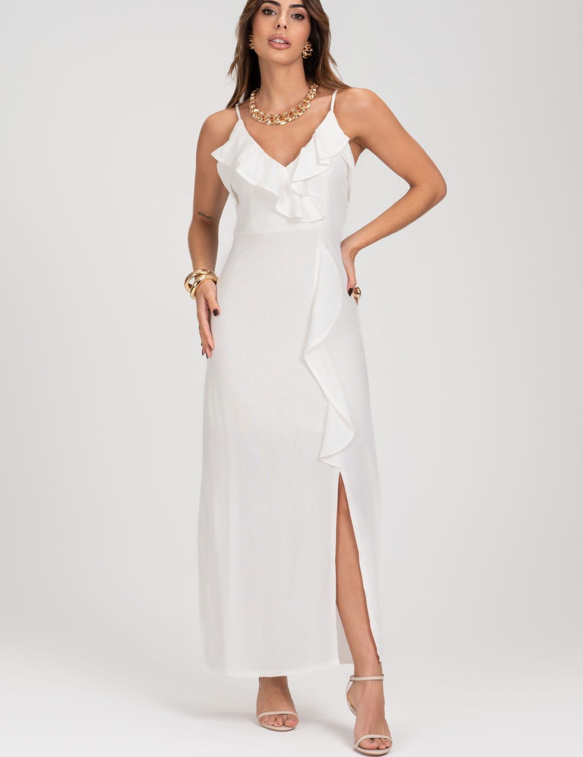 Vestido Midi Com Babados Off White Frysaide