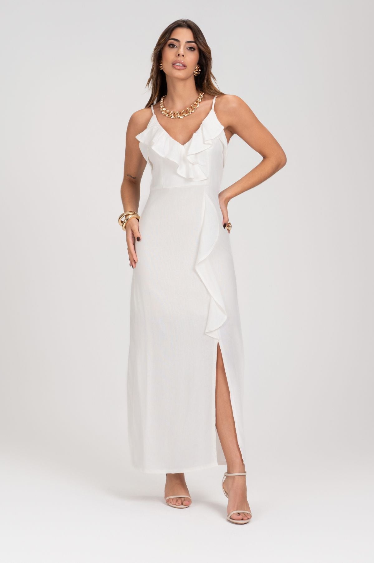 Vestido Midi Com Babados Off White Frysaide