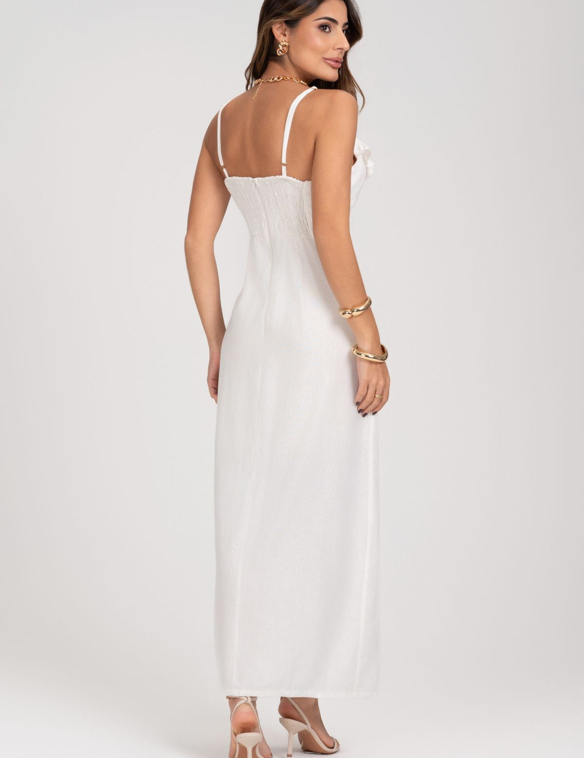 Vestido Midi Com Babados Off White Frysaide