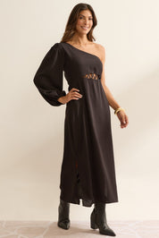 Vestido Midi Flo Maria Preto Um Ombro Só Recortes