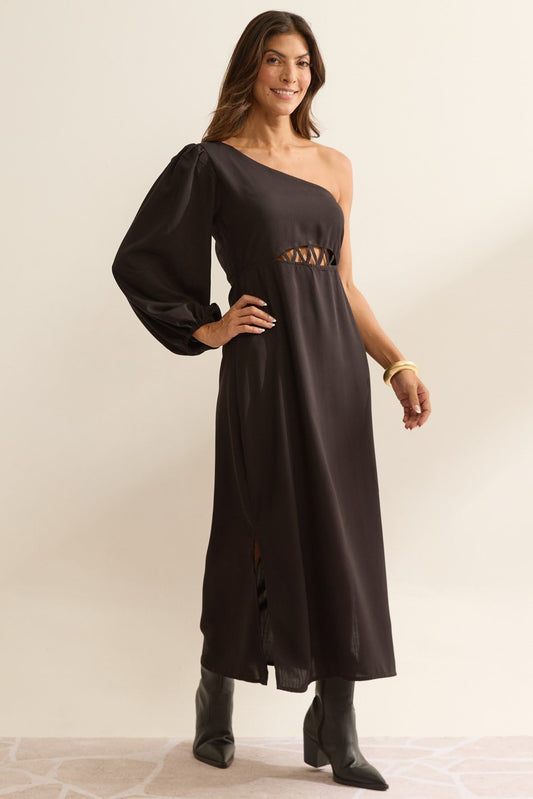 Vestido Midi Flo Maria Preto Um Ombro Só Recortes