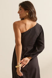 Vestido Midi Flo Maria Preto Um Ombro Só Recortes