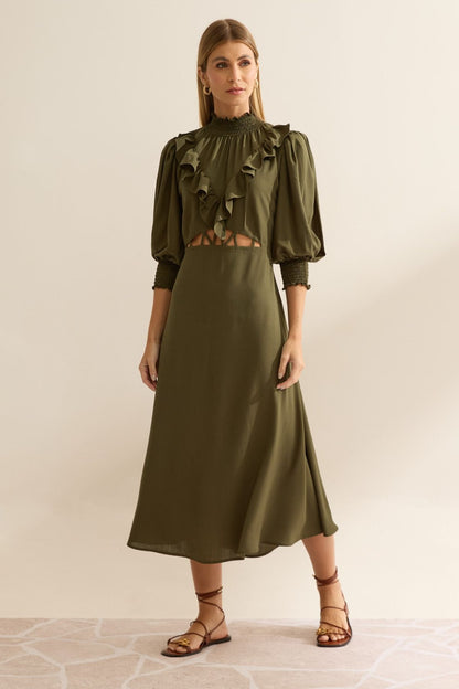 Vestido Midi Flo Maria Verde Gola Alta Recorte Vazado