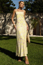 Vestido Midi Frysaide Amarelo Floral Costas Abertas