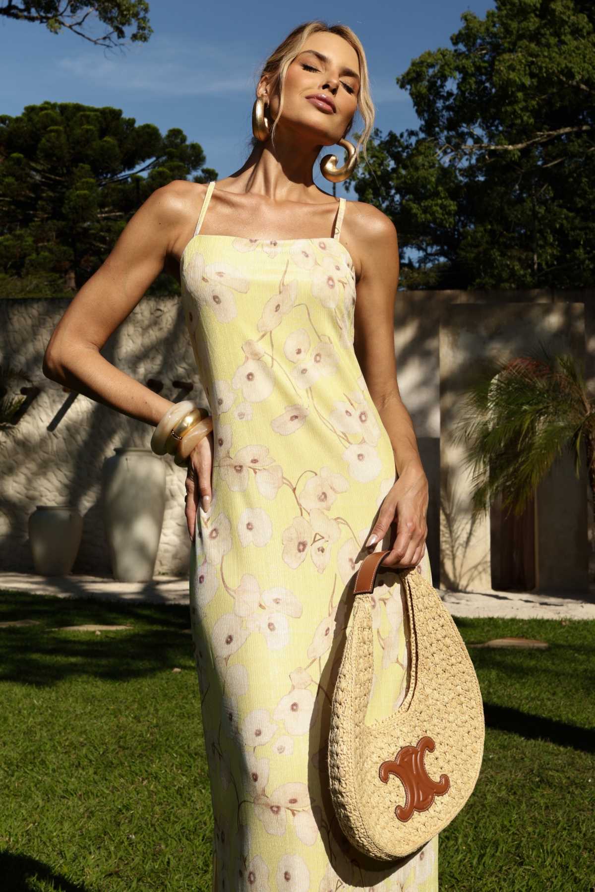 Vestido Midi Frysaide Amarelo Floral Costas Abertas