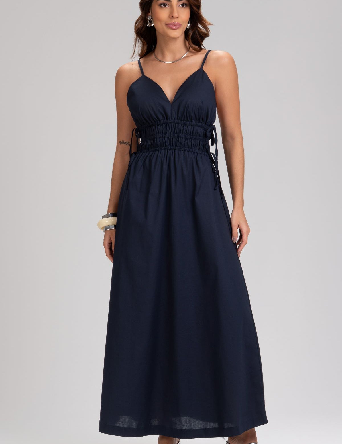 Vestido Midi Frysaide Azul Alças Finas Lastex