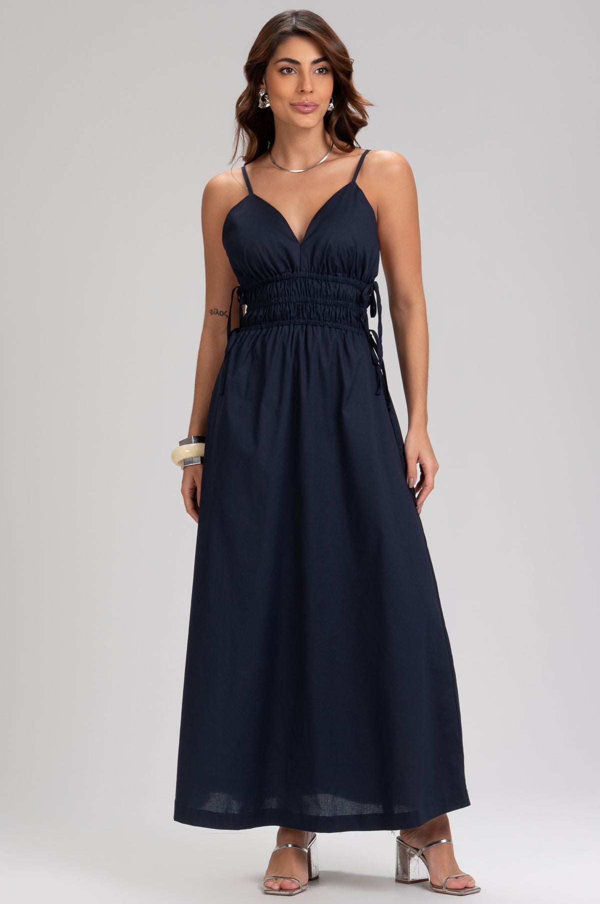 Vestido Midi Frysaide Azul Alças Finas Lastex
