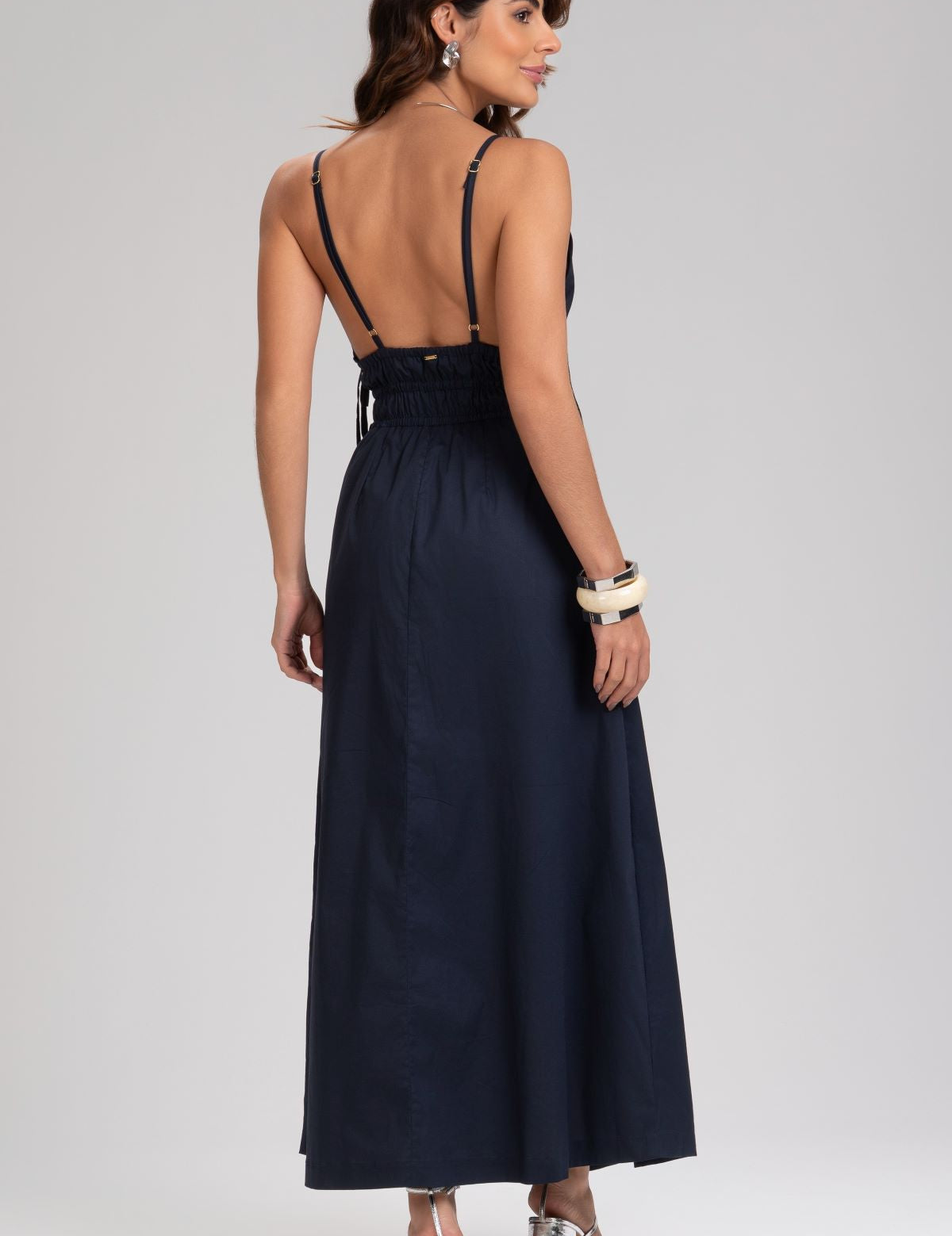 Vestido Midi Frysaide Azul Alças Finas Lastex