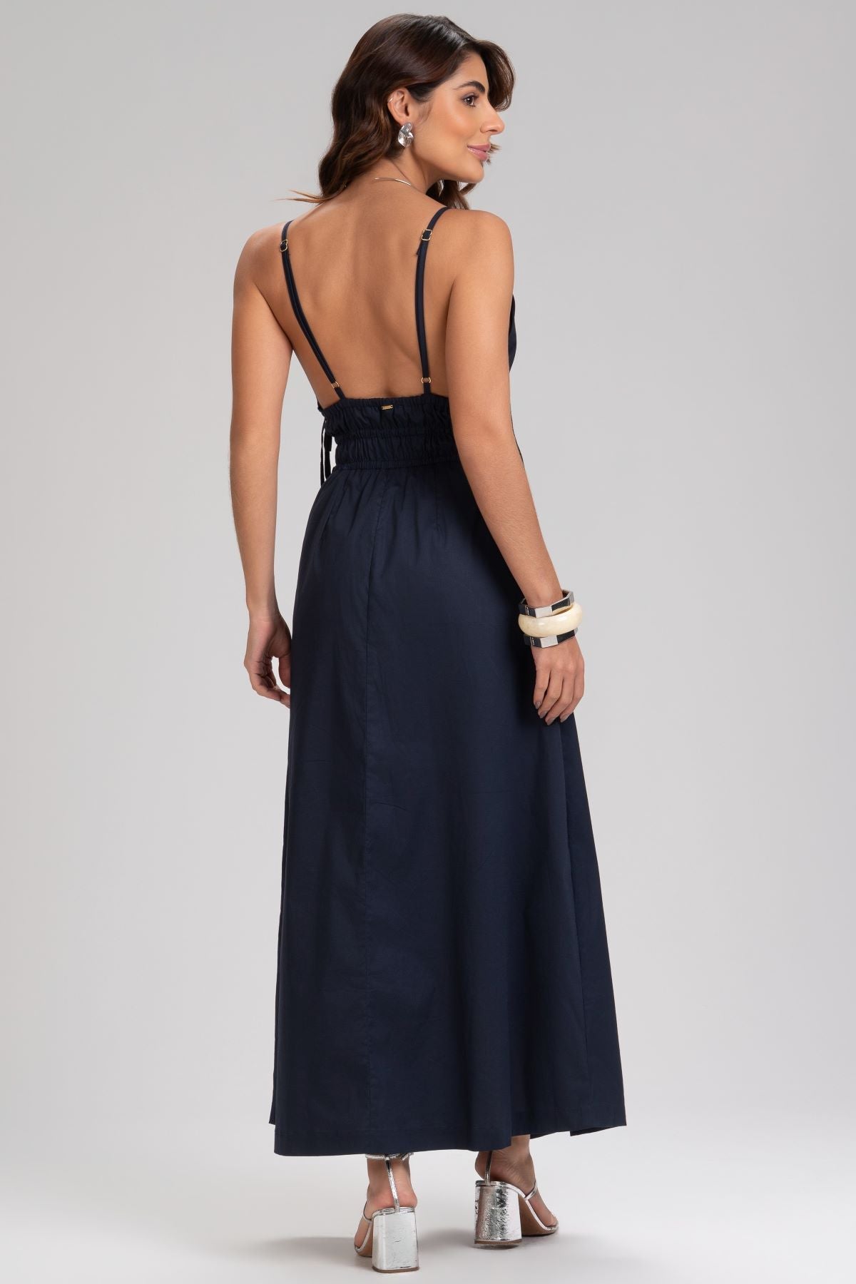 Vestido Midi Frysaide Azul Alças Finas Lastex