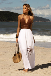 Vestido Midi Frysaide Em Crochê Marrom Com Branco