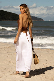 Vestido Midi Frysaide Em Crochê Marrom Com Branco