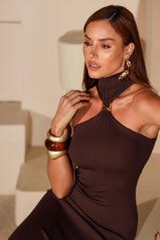 Vestido Midi Frysaide Marrom Gola Alta Passante Metal