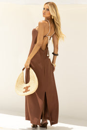 Vestido Midi Frysaide Marrom Pala Crochê Costas Vazadas