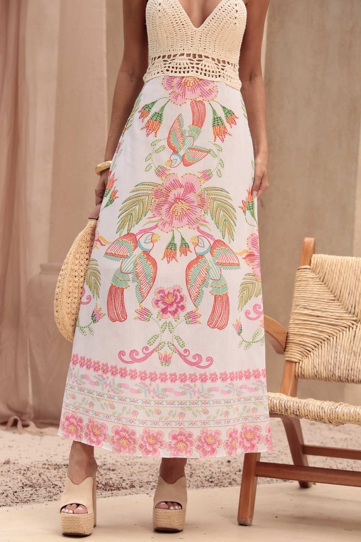 Vestido Midi Frysaide Off White Busto Crochê