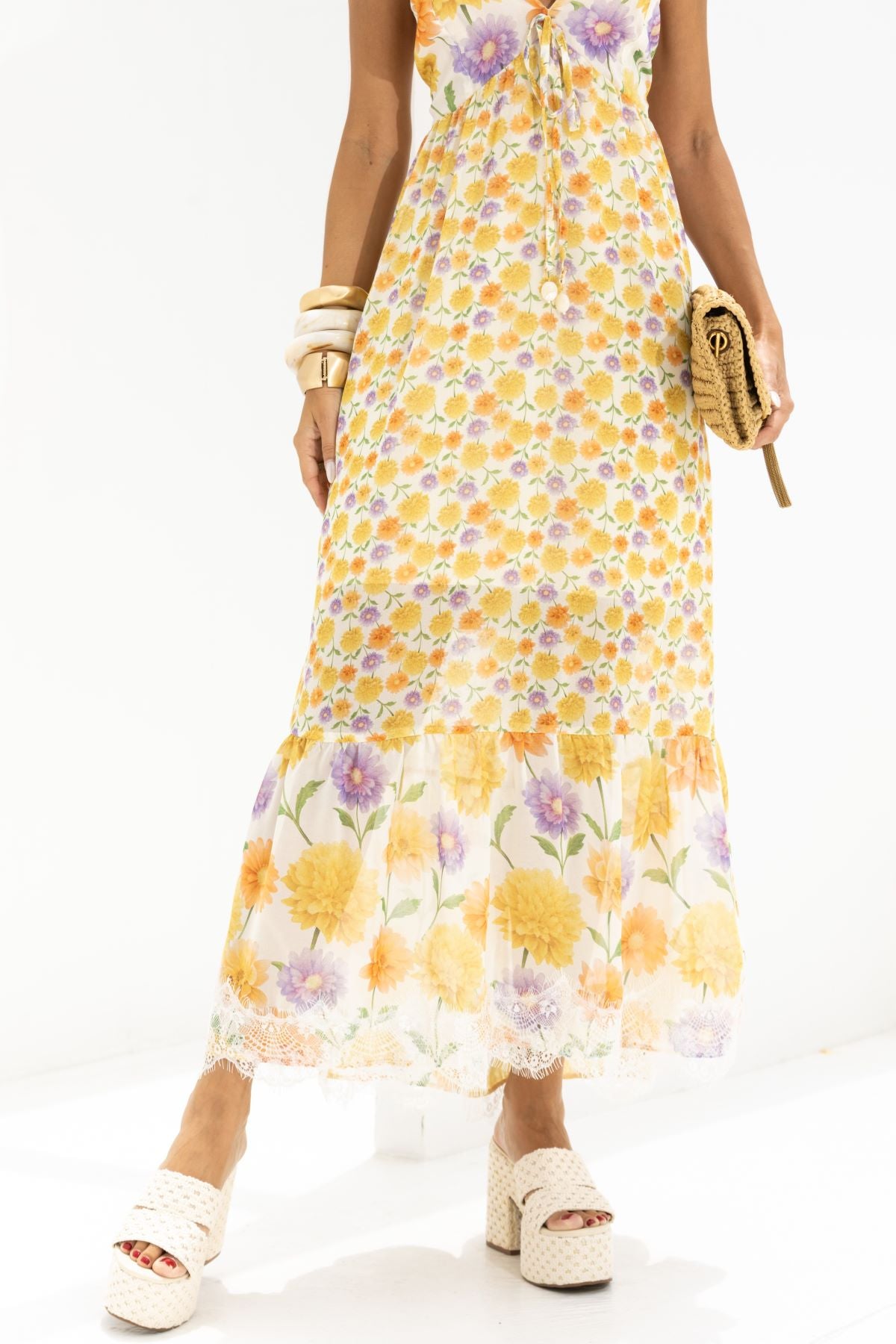 Vestido Midi Frysaide Off White Floral Alças Finas