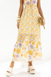 Vestido Midi Frysaide Off White Floral Alças Finas