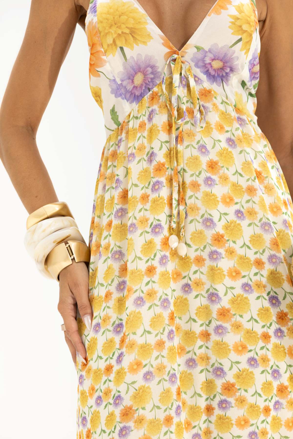 Vestido Midi Frysaide Off White Floral Alças Finas