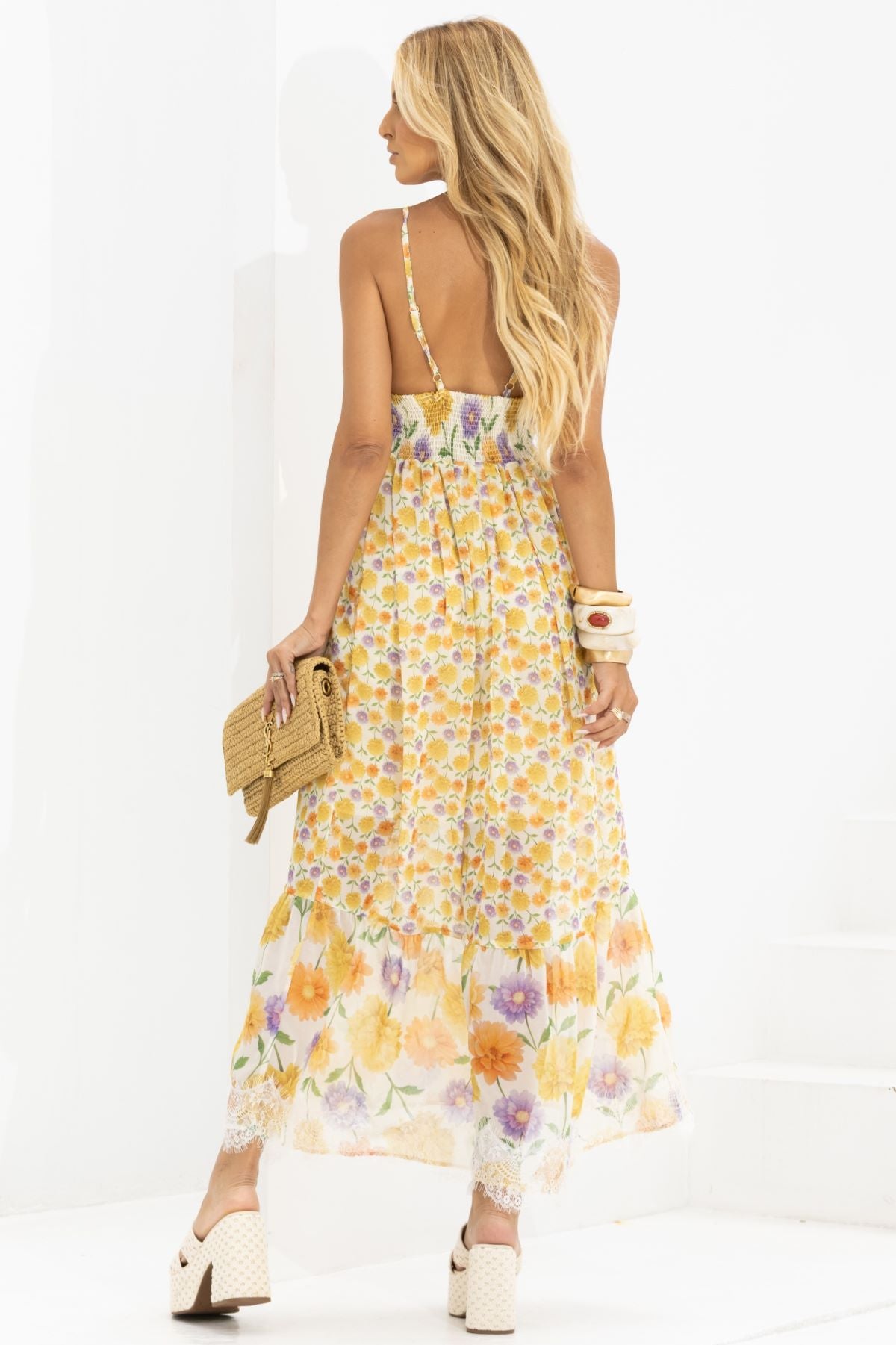 Vestido Midi Frysaide Off White Floral Alças Finas