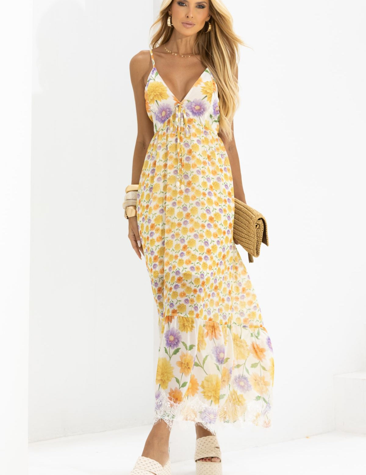 Vestido Midi Frysaide Off White Floral Alças Finas