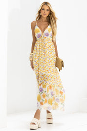 Vestido Midi Frysaide Off White Floral Alças Finas