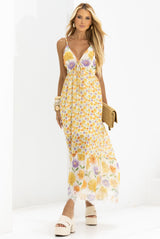 Vestido Midi Frysaide Off White Floral Alças Finas