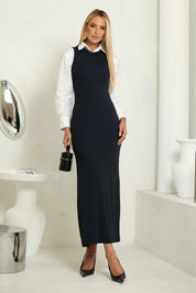 Vestido Midi Frysaide Preto Canelado Fenda Lateral