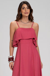 Vestido Midi Frysaide Rosa Babado No Decote