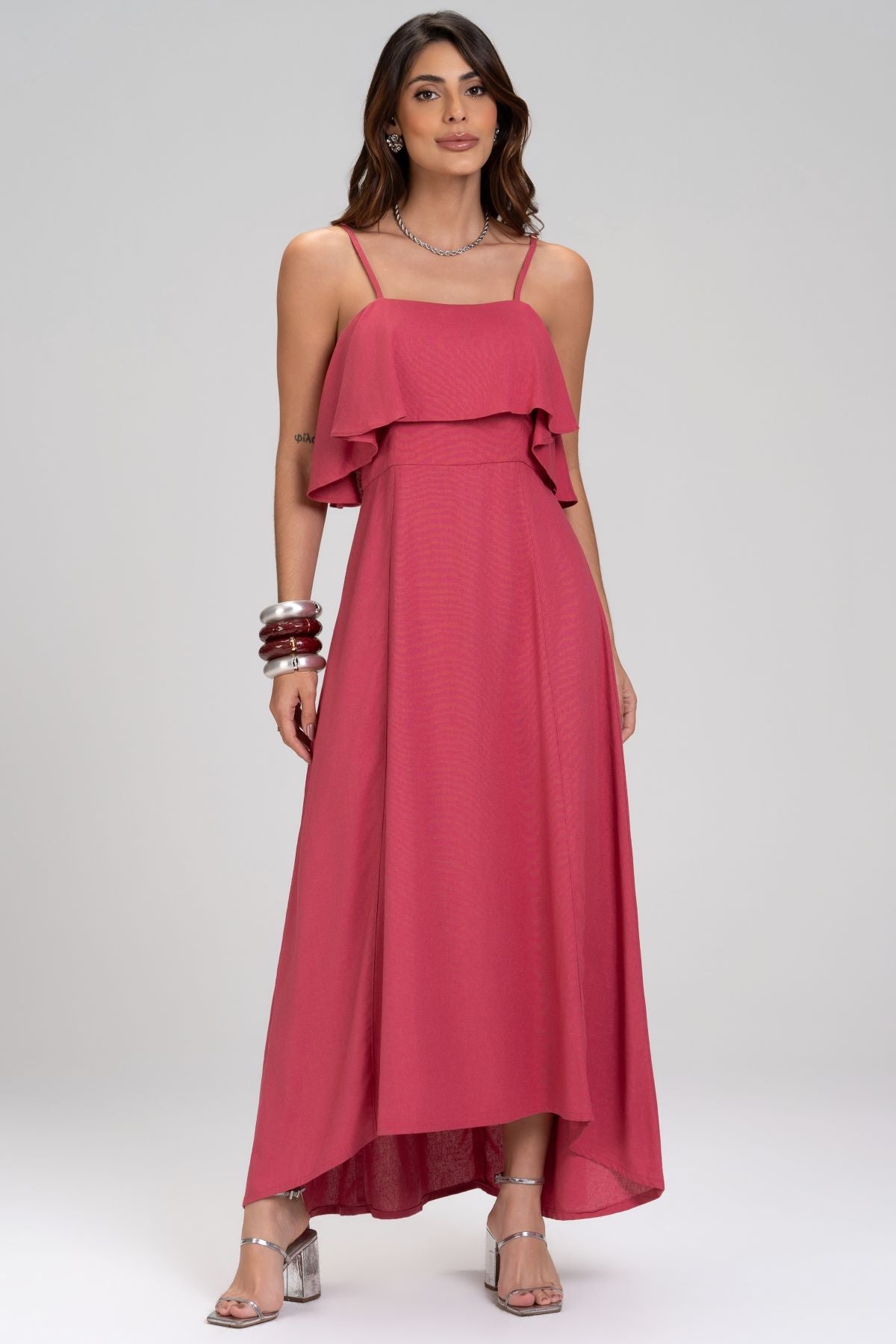 Vestido Midi Frysaide Rosa Babado No Decote