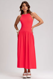 Vestido Midi Frysaide Vermelho Tricô Alças Reguláveis