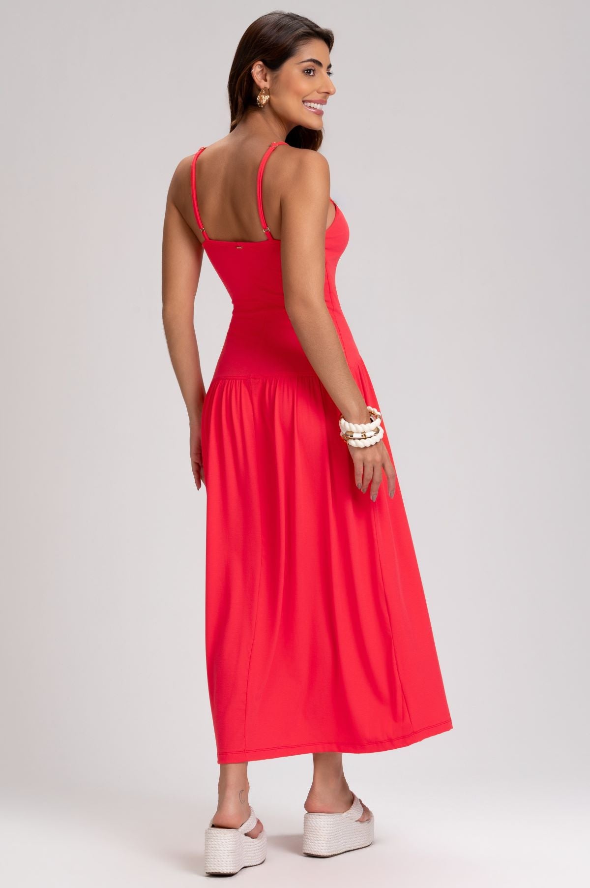 Vestido Midi Frysaide Vermelho Tricô Alças Reguláveis