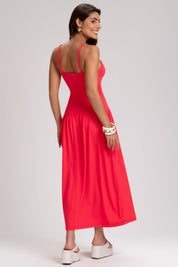 Vestido Midi Frysaide Vermelho Tricô Alças Reguláveis