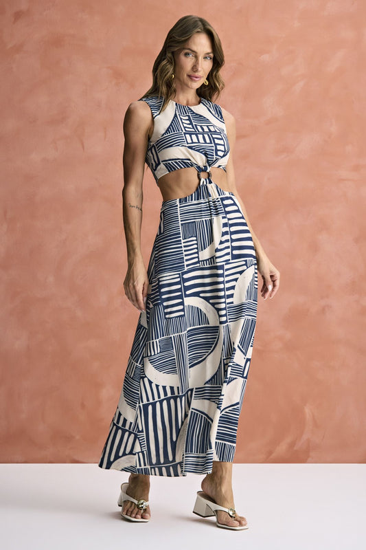 Vestido Midi Geométrico Com Recorte Na Cintura Meia Loka