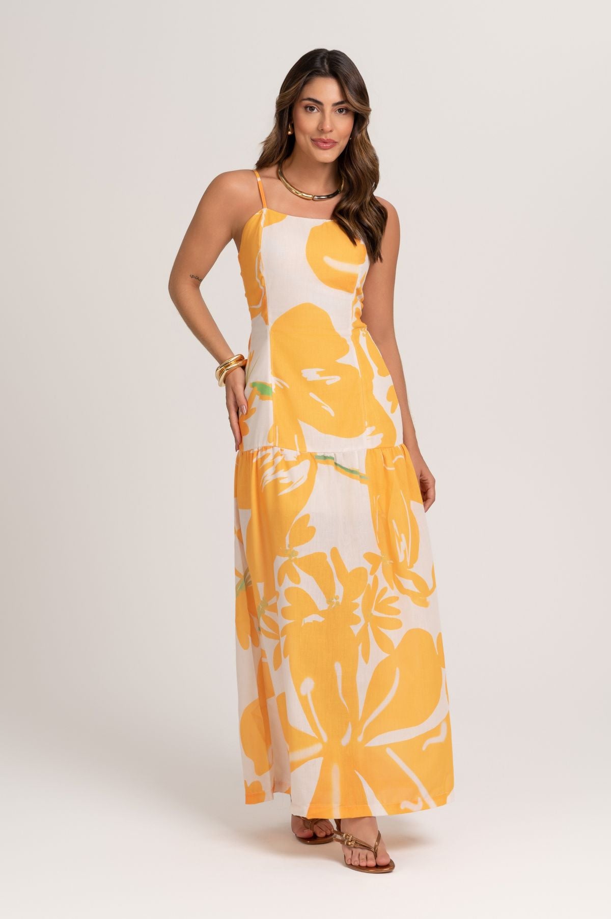 Vestido Midi Linho Estampa Sol Nascente Frysaide