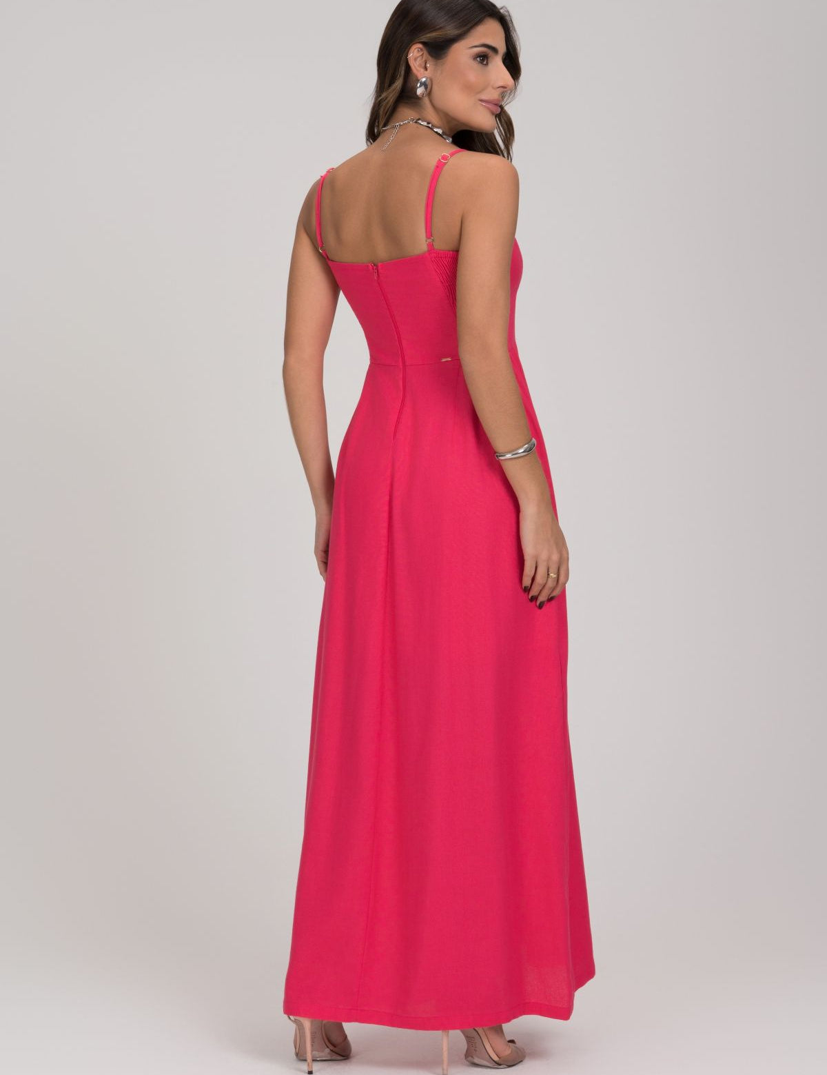 Vestido Midi Linho Hot Pink Saia Evase Frysaide