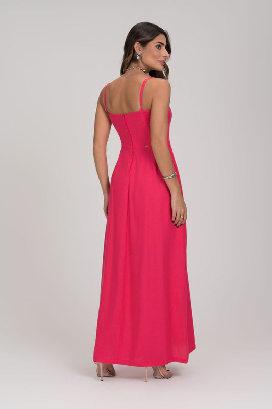 Vestido Midi Linho Hot Pink Saia Evase Frysaide